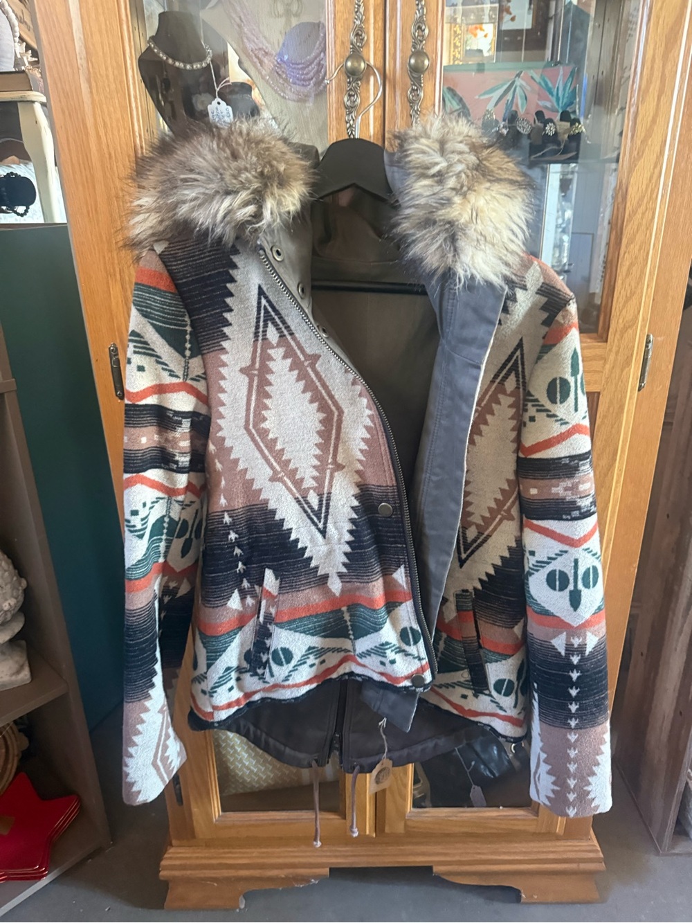 BB Dakota Fur Trim Aztec Print Jacket - Multicolor reversible